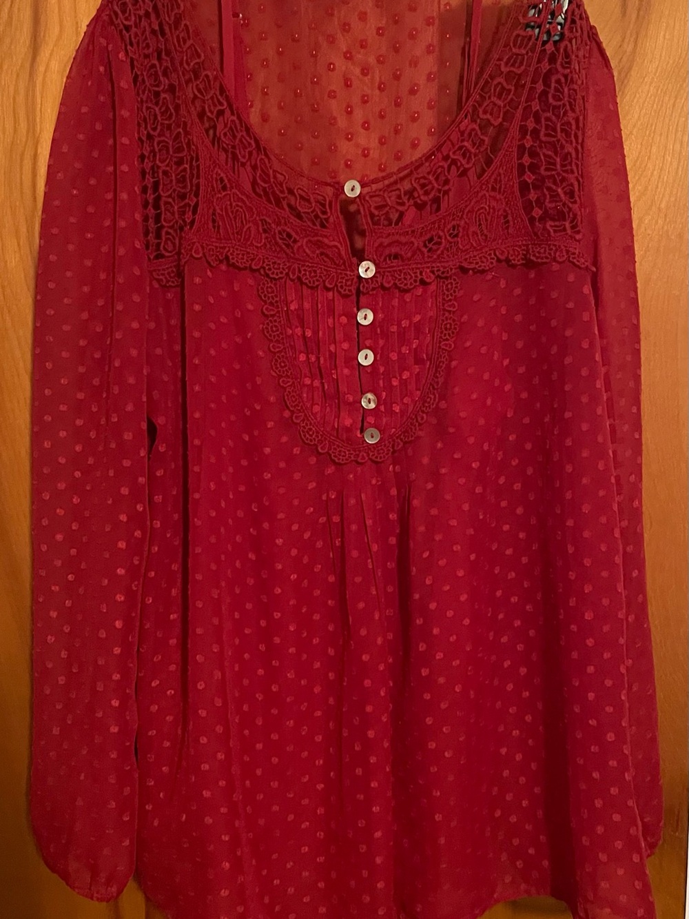 Daniel Rainn Burgundy Lace-Trim Dotted Peasant Tunic